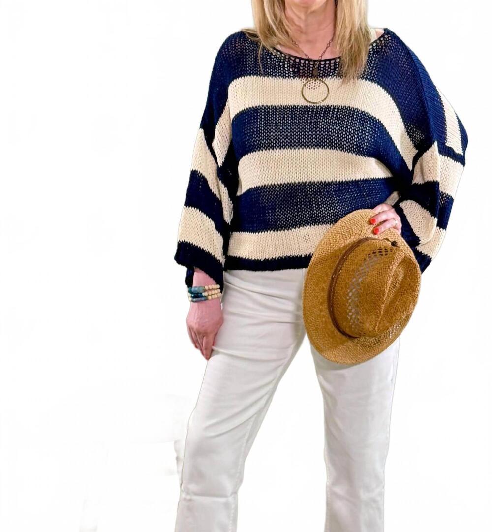 NEW MILIO MILANO breezy striped open-knit sweater in cream-navy